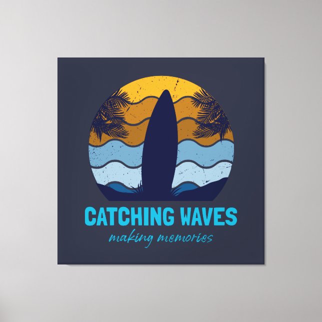 Catching Waves Retro Surfboard Beach Art Canvas Print (Front)