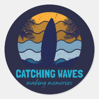 Catching Waves Retro Surfboard Beach Art Classic Round Sticker