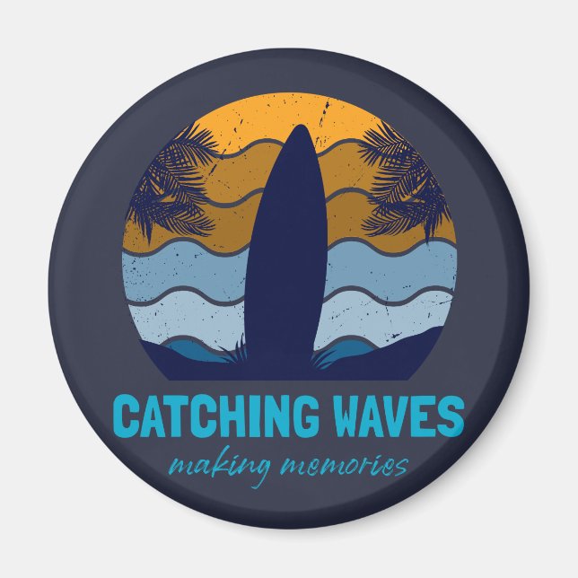 Catching Waves Retro Surfboard Beach Art Magnet (Front)