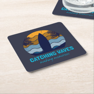 Catching Waves Retro Surfboard Beach Art Square Paper Coaster