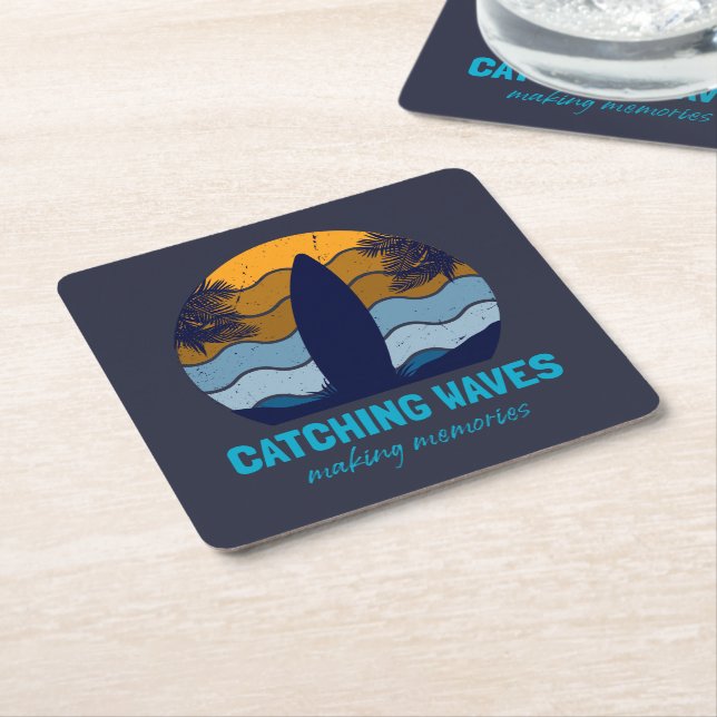 Catching Waves Retro Surfboard Beach Art Square Paper Coaster (Angled)