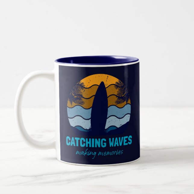 Catching Waves Retro Surfboard Beach Art Two-Tone Coffee Mug (Left)