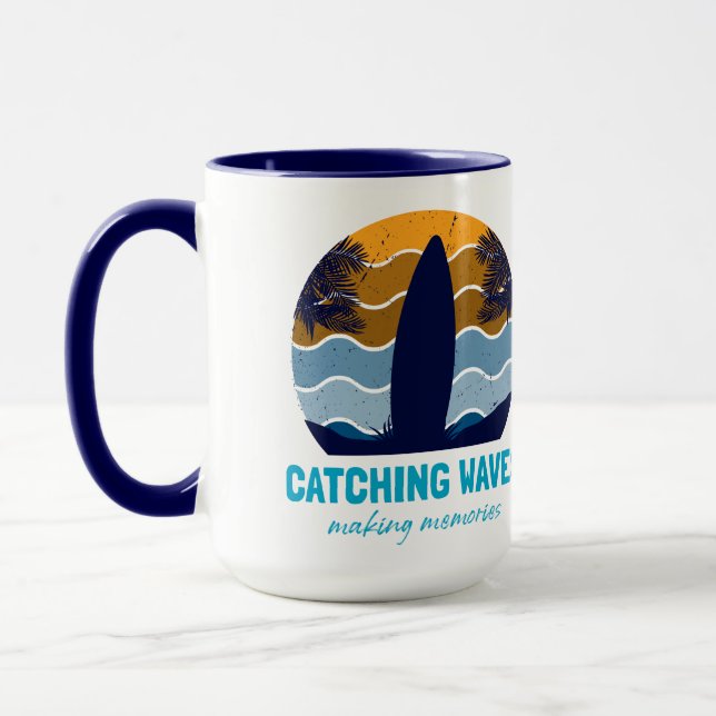 Catching Waves Surfboard Retro Sunset Beach Mug (Left)