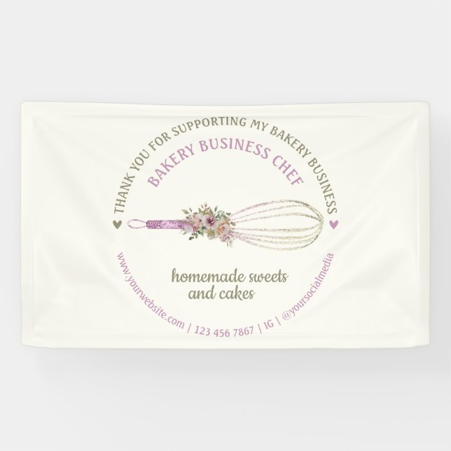 Catering Bakery Chef Glitter Whisk Flower Thank Banner (Horizontal)