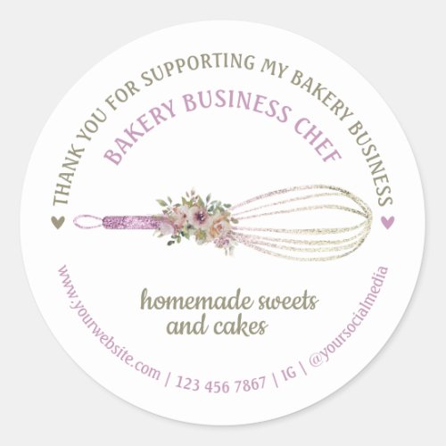 Catering Bakery Chef Glitter Whisk Flower Thanks Classic Round Sticker
