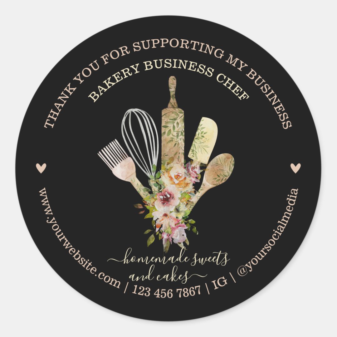 Catering Bakery Chef Rustic Eucalyptus Black Boho Classic Round Sticker 