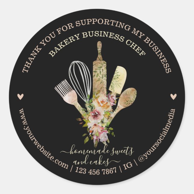 Catering Bakery Chef Rustic Eucalyptus Black Boho Classic Round Sticker (Front)