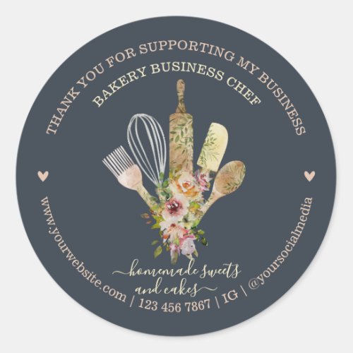 Catering Bakery Chef Rustic Eucalyptus navy boho Classic Round Sticker