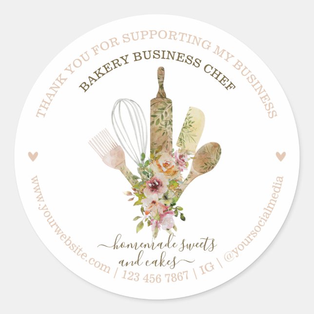Catering Bakery Chef Rustic Eucalyptus Patterned Classic Round Sticker (Front)