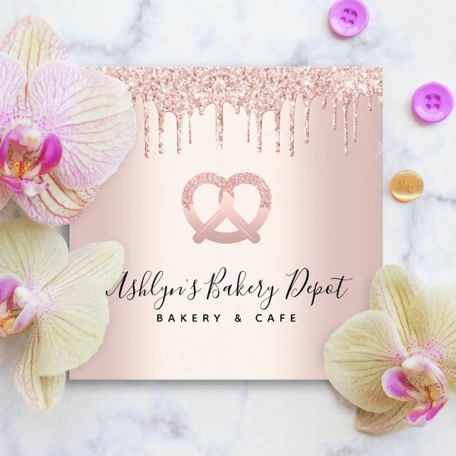 Catering Bakery Pastry Chef Rose Gold Glitter Drip Square Business Card (Creator Uploaded)
