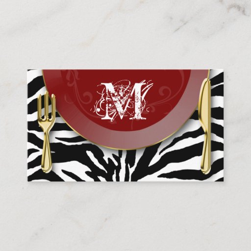 Customizable Catering Business Cards Cutlery Plate Red Zebra