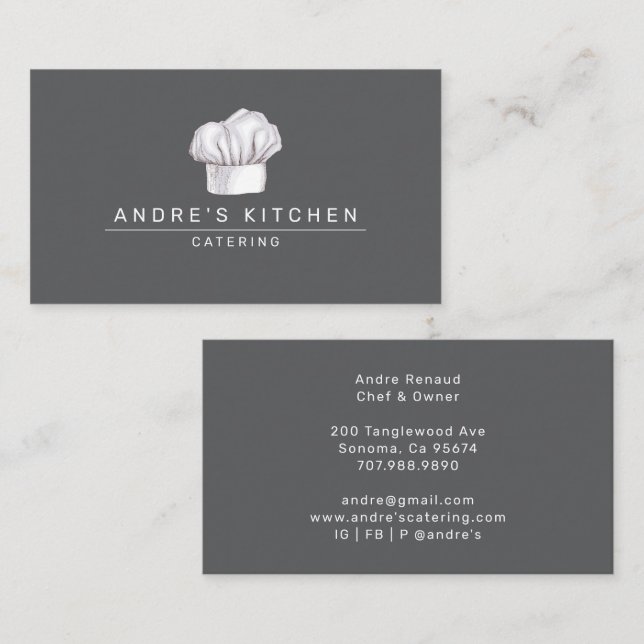 Catering Culinary Watercolor Chef's Hat Gray Business Card (Front/Back)
