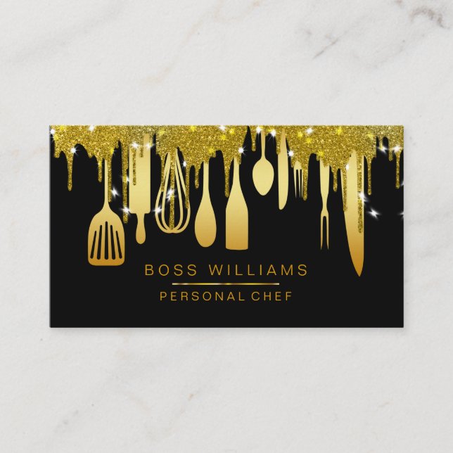 Catering Personal Chef Gold Drips Kitchen Utensils Business Card (Front)