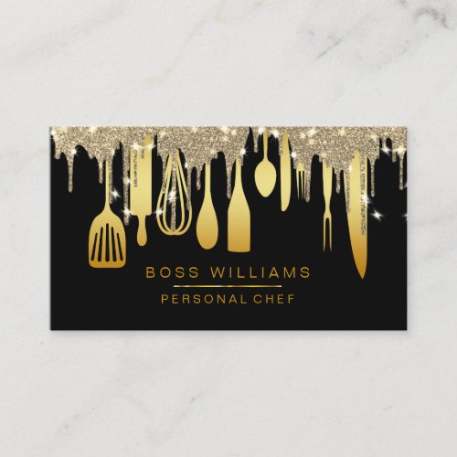 Catering Personal Chef Gold Drips Kitchen Utensils Business Card