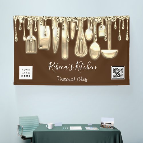 Catering Personal Chef Kitchen Gold Qr Logo Brown Banner