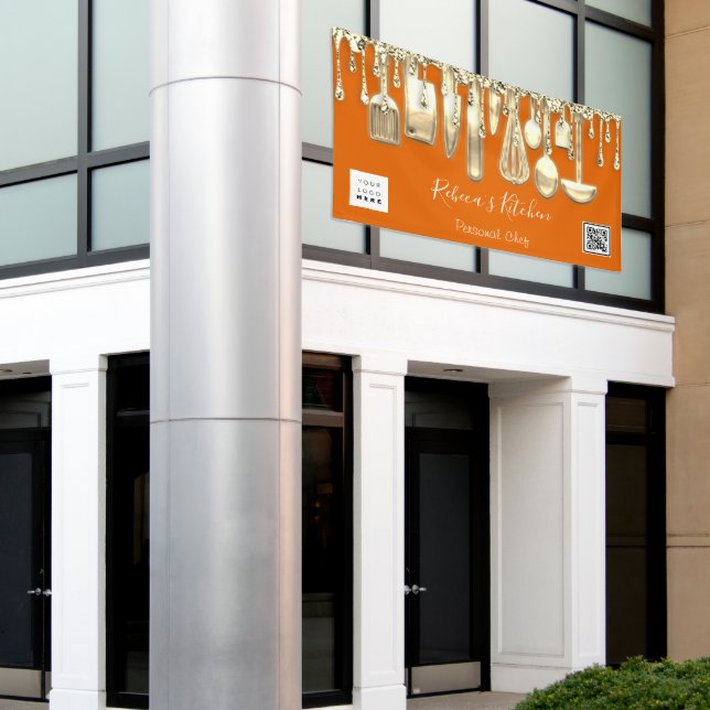 Catering Personal Chef Kitchen Gold Qr Logo Orange Banner (Outside Building)