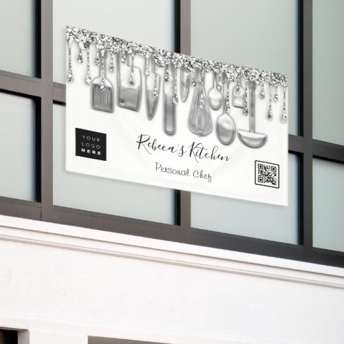 Catering Personal Chef Kitchen Qr Code Drips Gray Banner