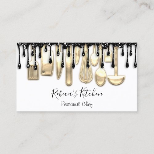 Catering Personal Chef Restaurant Drip Gold White  Business Card
