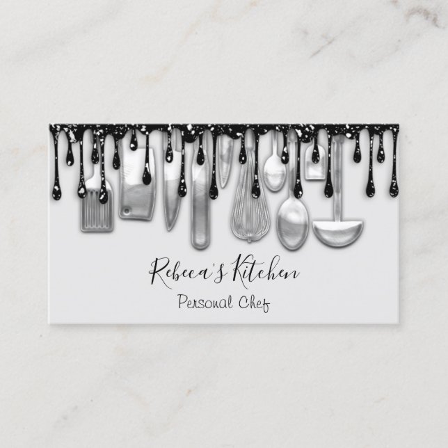 Catering Personal Chef Restaurant Drips Black Gray Business Card (Front)