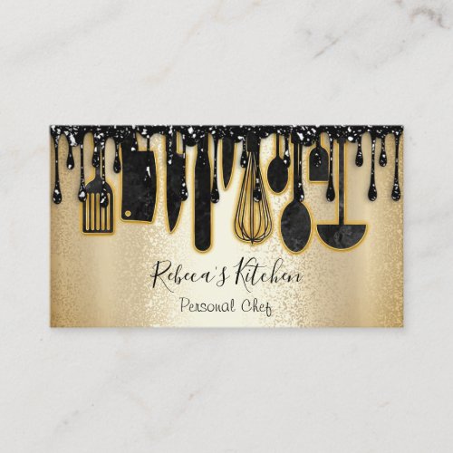 Catering Personal Chef Restaurant Gold Black Drips Business Card