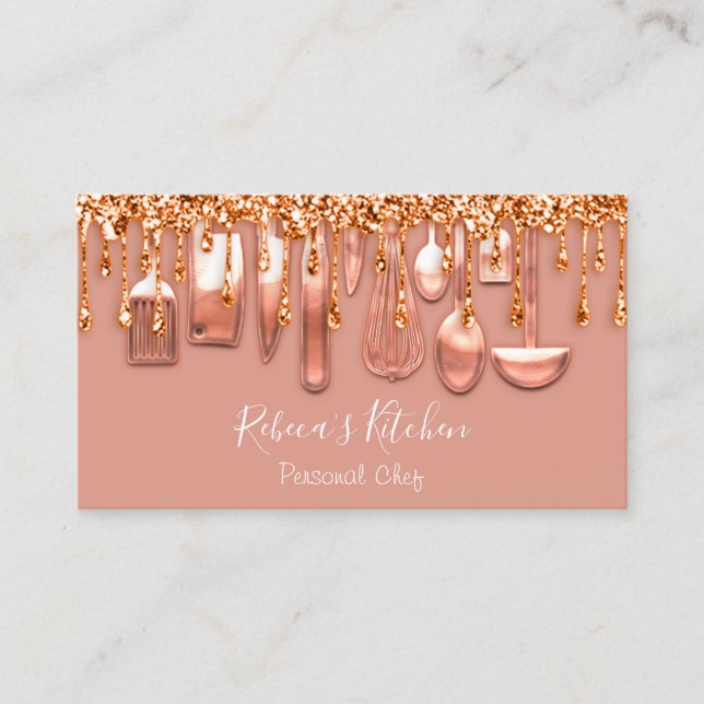 Catering Personal Chef Restaurant Rose Drip Copper Business Card (Front)