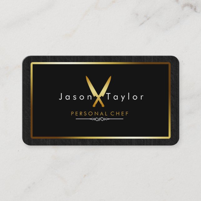Catering Retro Black Wood Chef Gold Knife Crossed Business Card (Front)