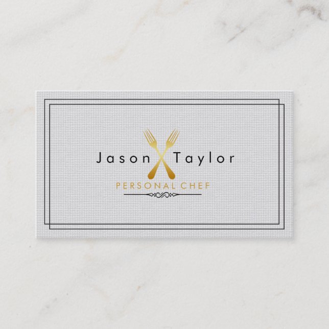 Catering Retro Gray Chef Gold Fork Crossed Business Card (Front)