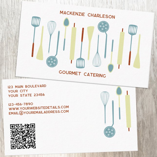 Catering Retro Kitchen QR Code Business Card (Retro kitchen utensils QR code catering cafe restaurant bakery custom business card)