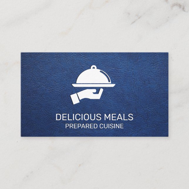 Catering Service | Blue Leather Background Business Card (Front)