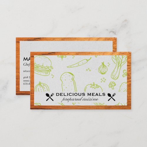Catering Service  Food Pattern  Wood Border Business Card