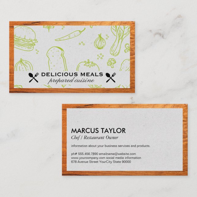 Catering Service | Food Pattern | Wood Border Business Card (Front/Back)