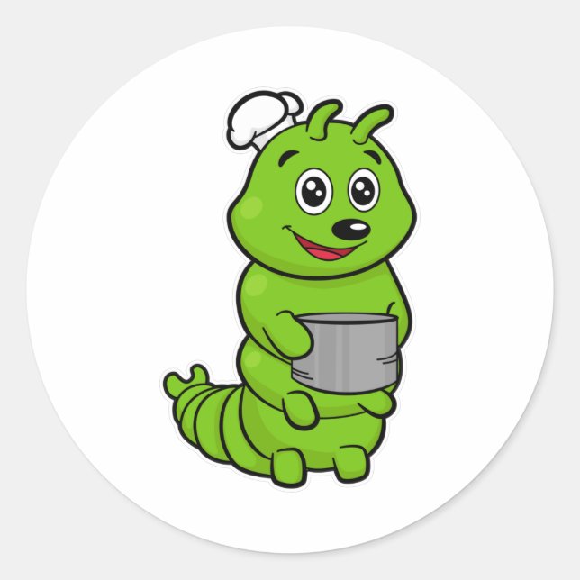 Caterpillar as Cook with Cooking pot Classic Round Sticker (Front)