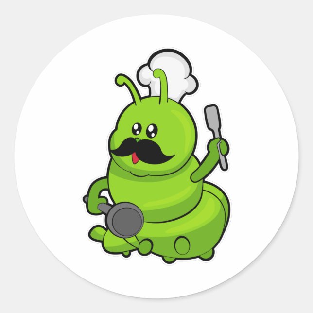Caterpillar as Cook with Mustache Classic Round Sticker (Front)