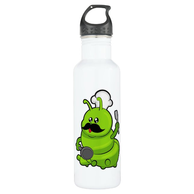 Caterpillar as Cook with Mustache Stainless Steel Water Bottle (Front)