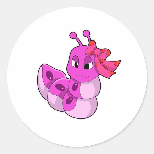 Caterpillar as Girl with Ribbon Classic Round Sticker (Front)