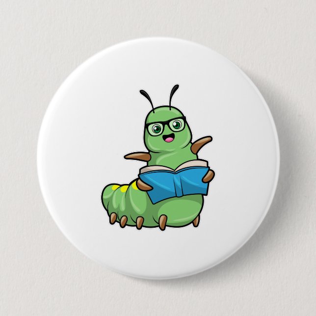 Caterpillar as Nerd with Book & Glasses Button (Front)