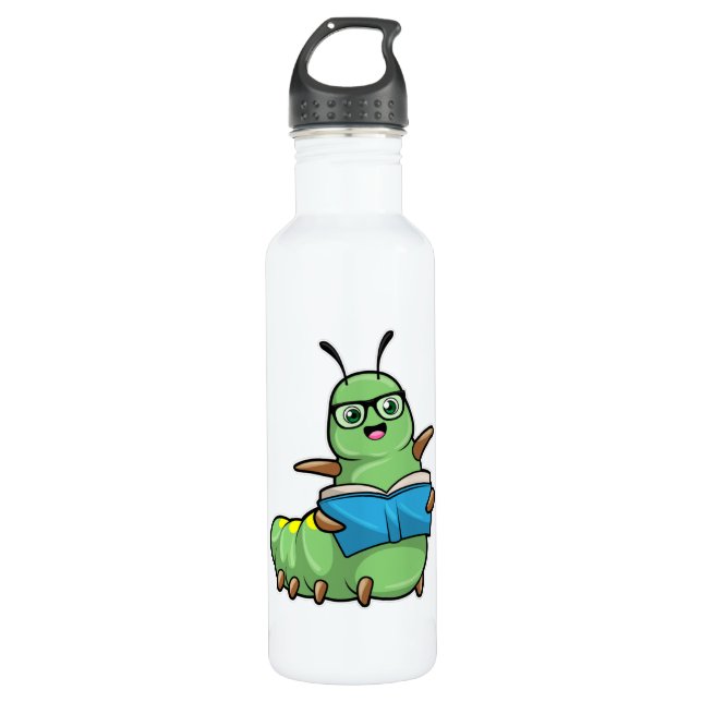 Caterpillar as Nerd with Book & Glasses Stainless Steel Water Bottle (Front)