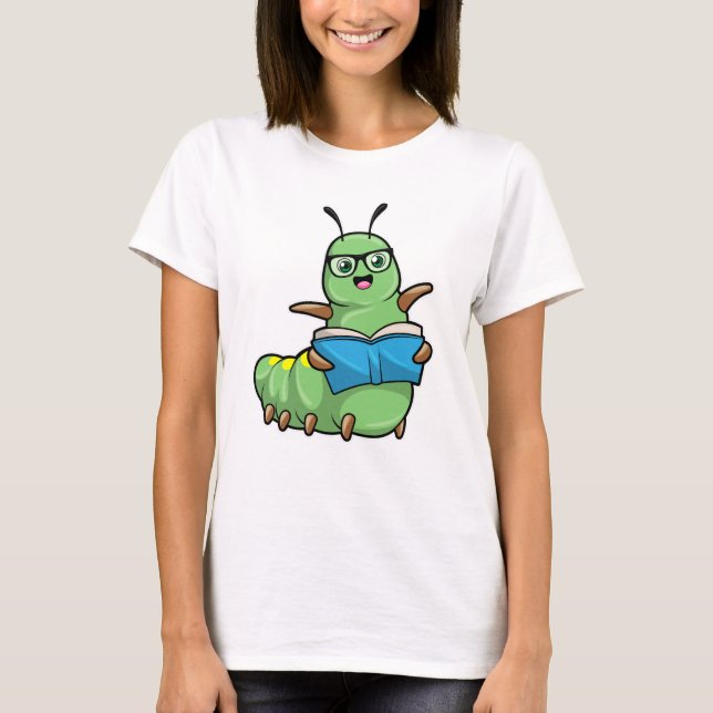 Caterpillar as Nerd with Book & Glasses T-Shirt (Front)