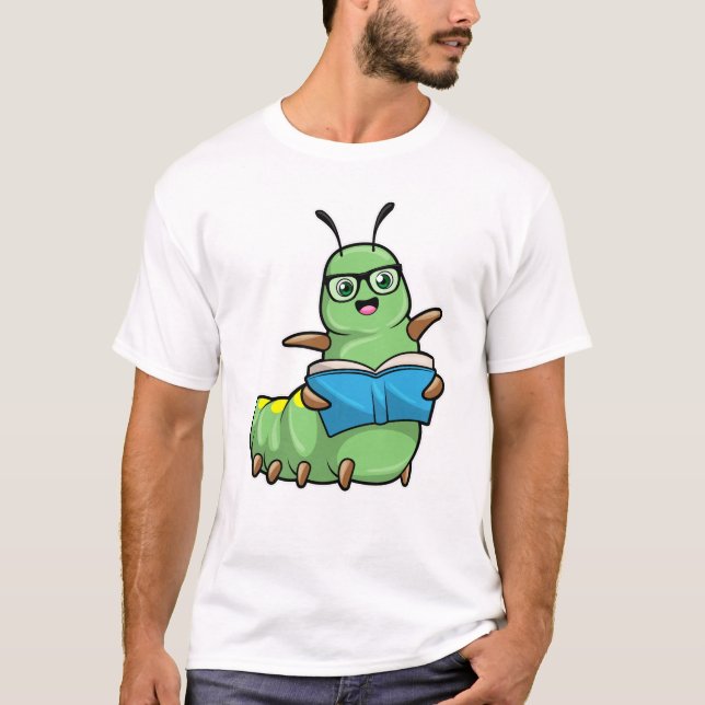 Caterpillar as Nerd with Book & Glasses T-Shirt (Front)