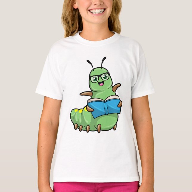 Caterpillar as Nerd with Book & Glasses T-Shirt (Front)