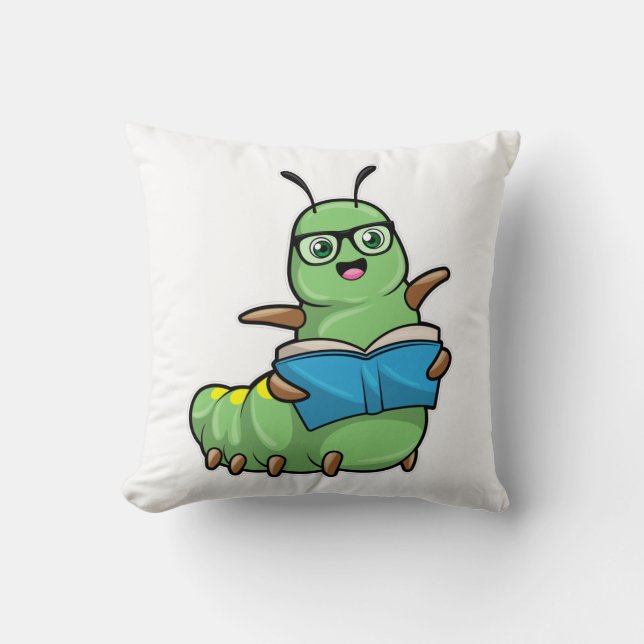 Caterpillar as Nerd with Book & Glasses Throw Pillow (Front)