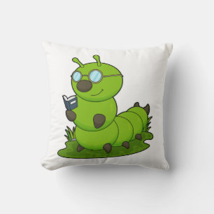 Caterpillar as Nerd with Glasses & Book Throw Pillow