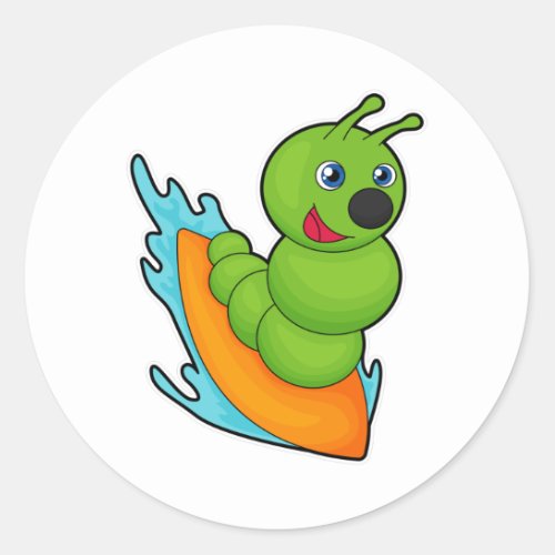 Caterpillar as Surfer with Surfboard Classic Round Sticker