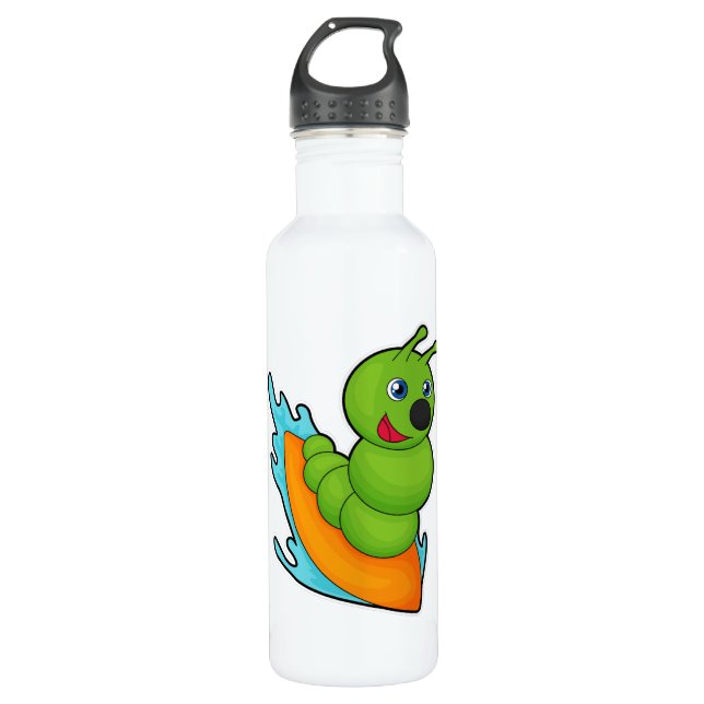 Caterpillar as Surfer with Surfboard Stainless Steel Water Bottle (Front)
