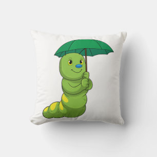 Caterpillar at Raining with Umbrella Throw Pillow