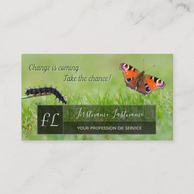 Caterpillar butterfly change motivational monogram business card (Front)