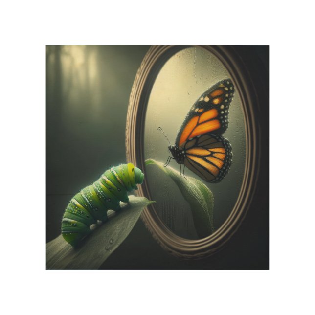 Caterpillar Looking In A Mirror Wood Wall Art (Front)