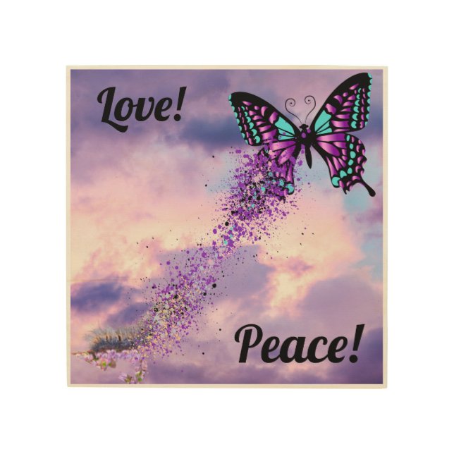 Caterpillar Morph to Purple and Black Butterfly Wood Wall Art (Front)
