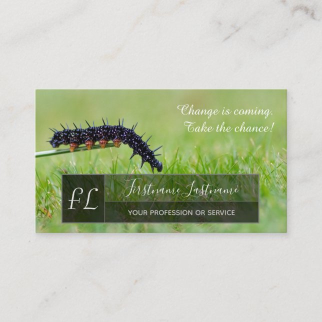 Caterpillar motivational gray rectangle monogram business card (Front)
