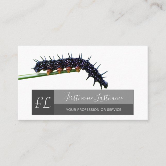 Caterpillar nature lover gray rectangle monogram b business card (Front)